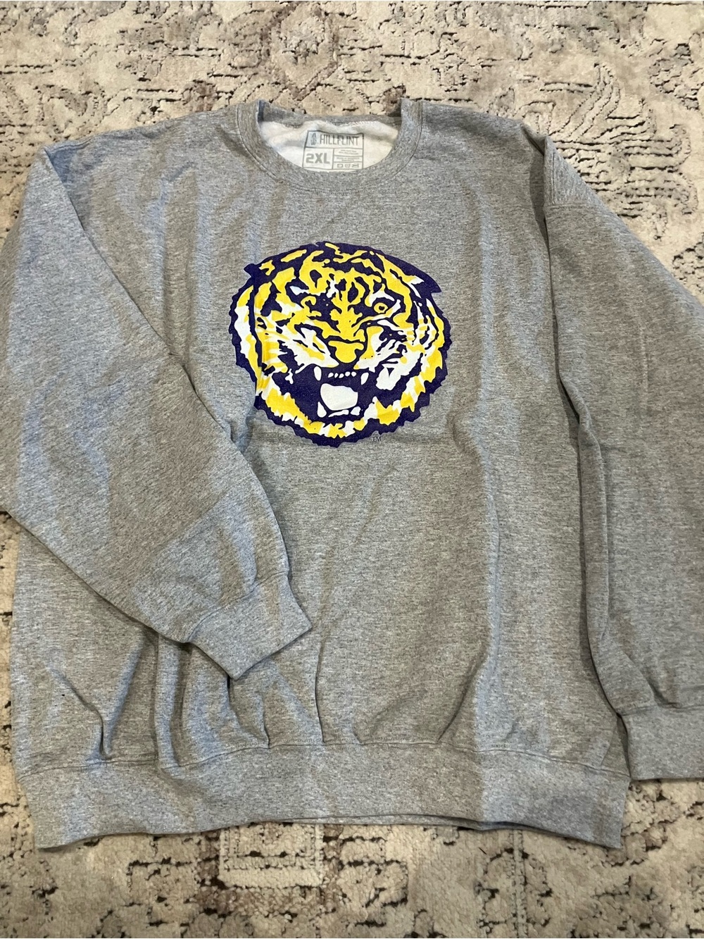Gray Crewneck Sweatshirt with Yellow & Navy Tiger Graphic